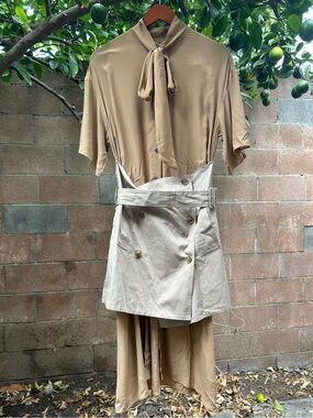 Rokh Two-Tone Beige Tan Brown Corset Silk Blend Dress Tie Neck Sz 2/4 US 36 FR